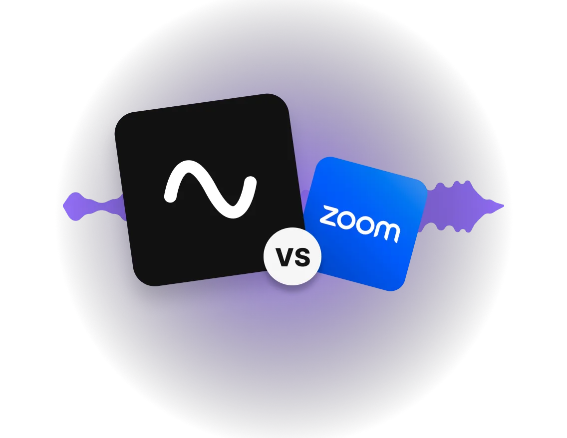 Wave logo versus Zoom logo on a purple gradient circular background with sound wave graphics.